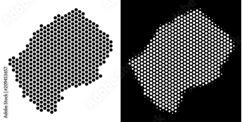 Hexagonal Lesotho map. Vector territorial scheme in black and white versions. Abstract Lesotho map concept is combined of hex-tile blots. photo