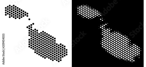 Honeycomb Malta Island map. Vector geographic scheme in black and white versions. Abstract Malta Island map concept is formed from hex tile spots.