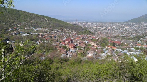 Panorama of the ancient city of Sheki from the high mountains.