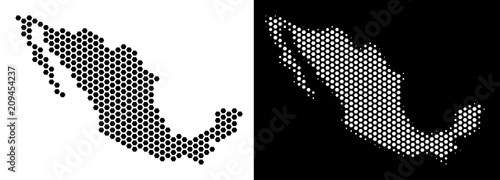 Hexagon Mexico map. Vector territorial plan in black and white variants. Abstract Mexico map composition is composed from hex-tile spots.
