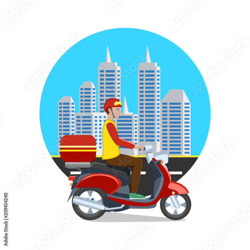 scooter with courier on urban landscape background, delivery symbol. Vector illustration. photo