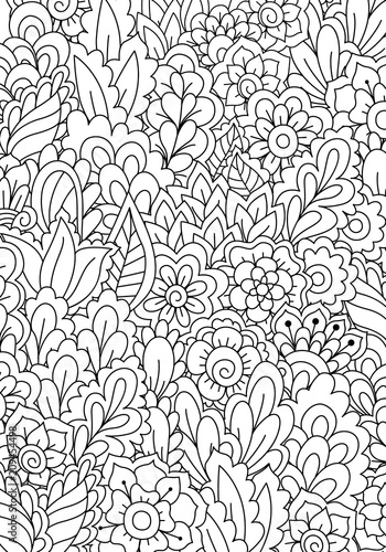 Seamless pattern for coloring book. Black and white background with floral, ethnic, hand drawn elements for design.