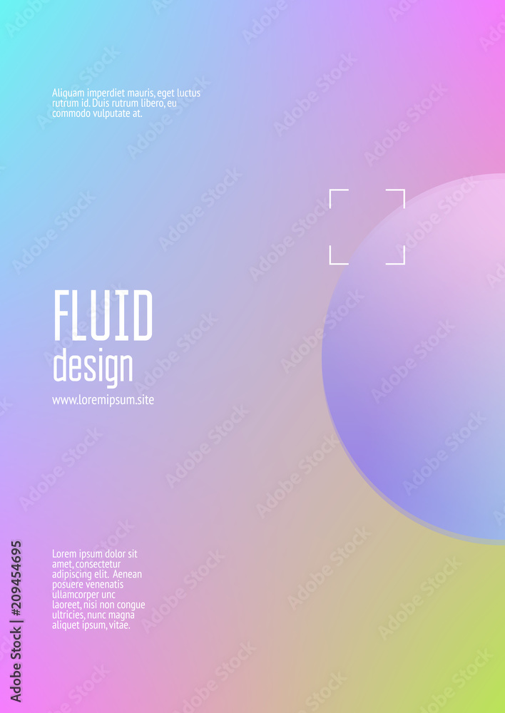 Obraz premium Cover fluid with round shapes. Gradient circles on holographic background. Modern hipster template for placards, banners, flyers, report, brochure. Minimal cover fluid in vibrant neon colors.