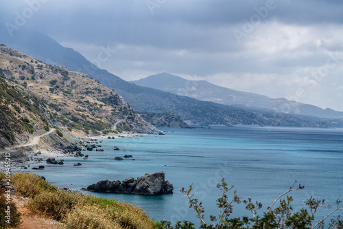 Preveli Beach with Palms park on Crete island  Greece.