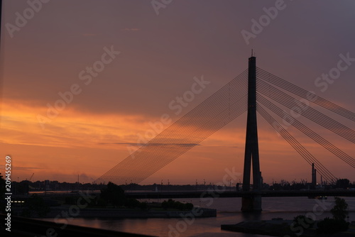 View at the Vanšu Bridge and the Daugava river in Riga, Latvia at night