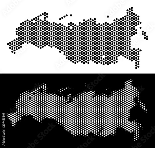 Hex-Tile Russia map. Vector geographic plan in black and white variants. Abstract Russia map composition is composed from hex tile items.