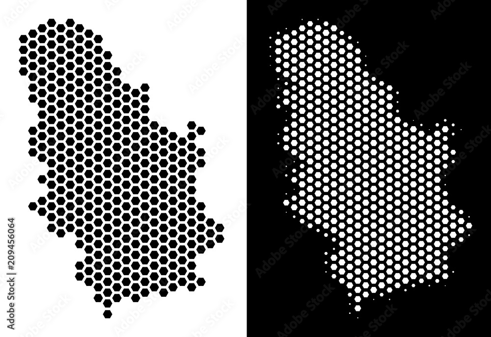 Hex Tile Serbia map. Vector territory plan in black and white variants ...