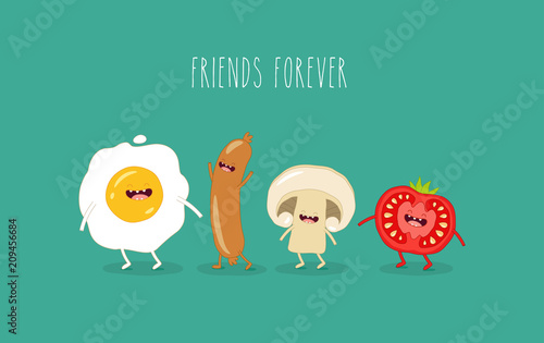 Funny breakfast. Comic characters. Vector illustrations.
