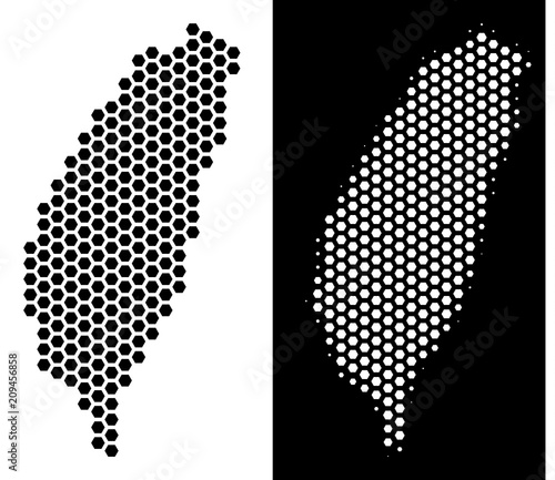 Hexagon Taiwan Island map. Vector territorial scheme in black and white variants. Abstract Taiwan Island map concept is composed from hexagonal pixels. photo