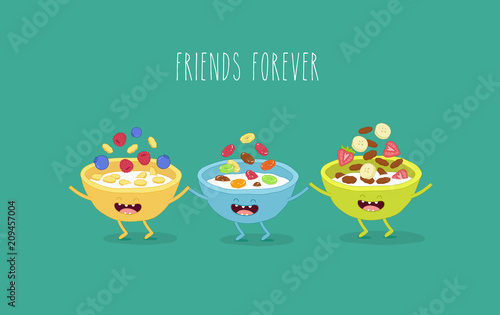 The color bowls of cornflakes. vector illustration. You can use for cards, fridge magnets, stickers, posters or restaurant menu.