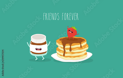 Funny chocolate paste with a strawberry on the pancakes. Vector illustration. You can use for cards, fridge magnets, stickers, posters, menu