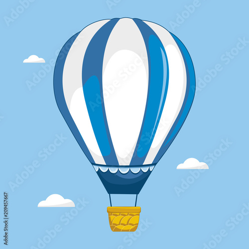 Hot air balloon in the sky with clouds. Flat cartoon design. Vector illustration