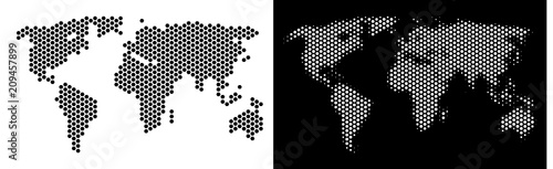 Honeycomb world map. Vector geographic scheme in black and white versions. Abstract world map composition is done with hexagon elements.