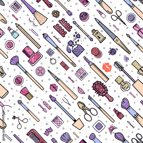 Makeup seamless pattern. Illustrations of different cosmetics. Lipstick and pomade, brushes for make up glamour. Vector background
