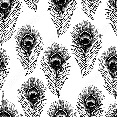 Peacock feather sketch. Seamless pattern. Hand drawn vector illustration.