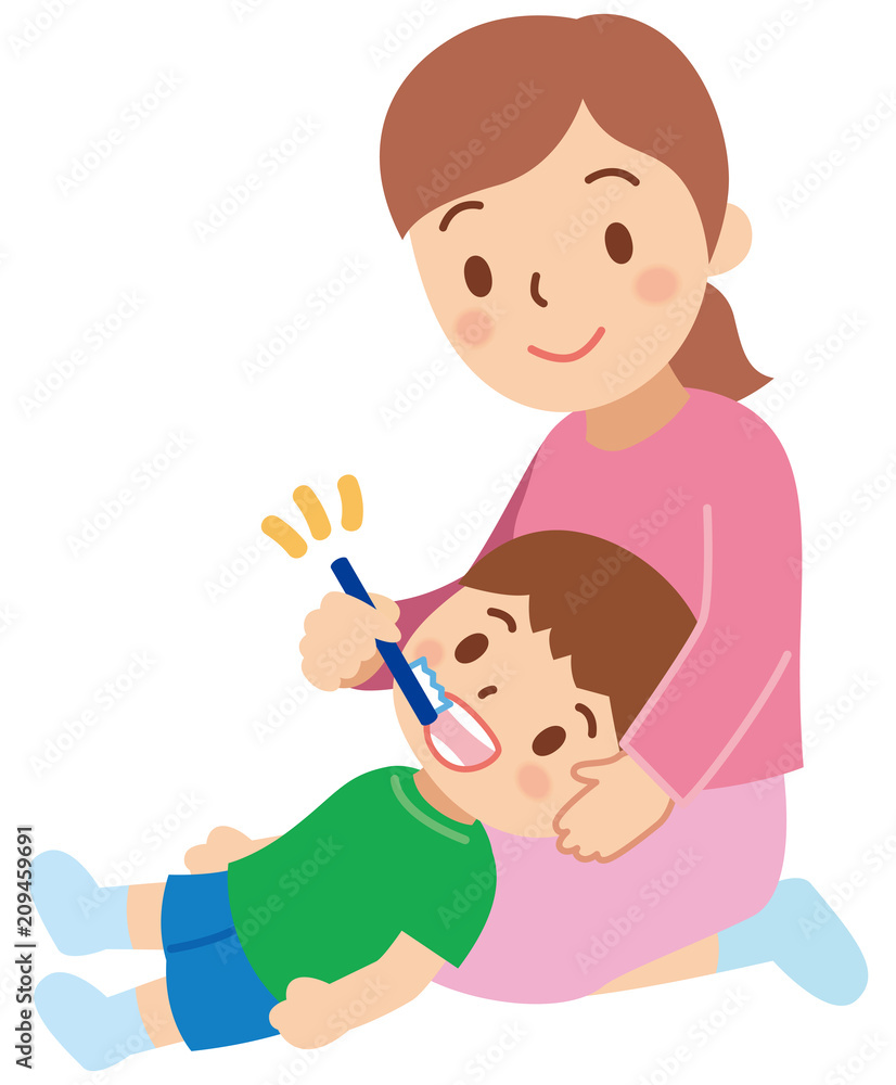 子供に仕上げの歯磨きをする母親