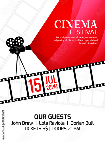Cinema festival poster template. Vector camcorder and line videotape illustration. Movie festival art background