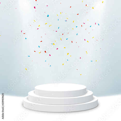 Illuminated podium background. Pedestal stage for presentation or show with confetti. Vector light scene design