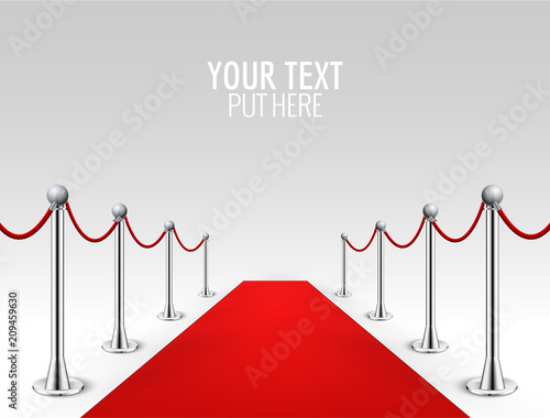 Red carpet event silver barriers background realistic vector illustration. Red carpet luxury entrance celebrity event presentation