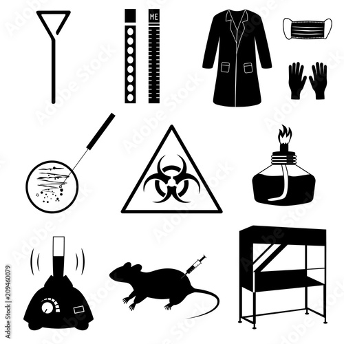 Microbiology laboratory icons set isolated on white background. Black and white vector illustration. Silhouettes of biological equipment and test analysis.