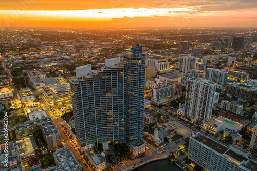 Aerial Florida Miami Edgewater sunset orange sky