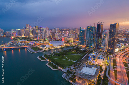 Drone image Downtown Miami at twilight amazing colors