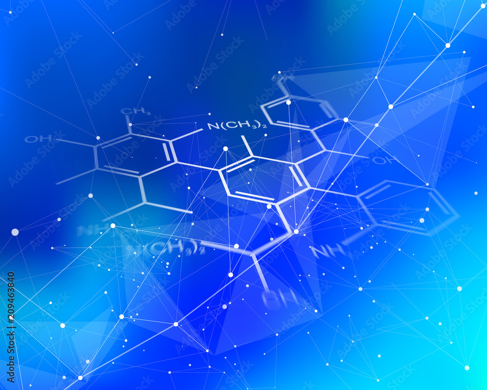 chemical formulas & blue abstract illustration of a digital world - a color defocused background and a digital wave. It symbolizes the  network technologies, cloud technologies, Internet, innovations
