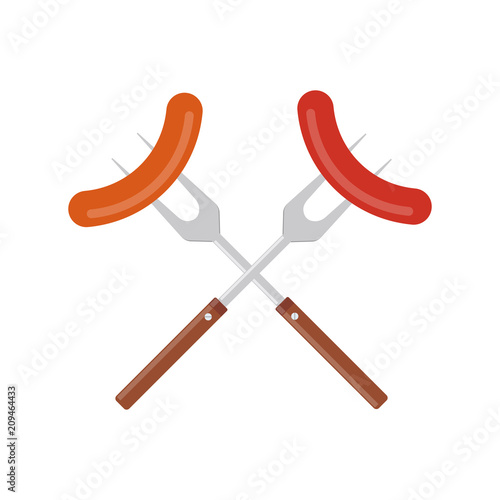 Sausage on barbecue fork. Grilled sausage. BBQ or grill tools icon. Crossed barbecue forks with grilled sausages. Symbol Template Logo. Vector illustration flat design. Isolated on white background.