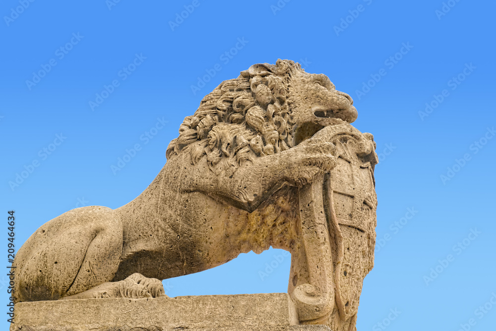 Medieval Maltese sculpture of lion, isolated on blue