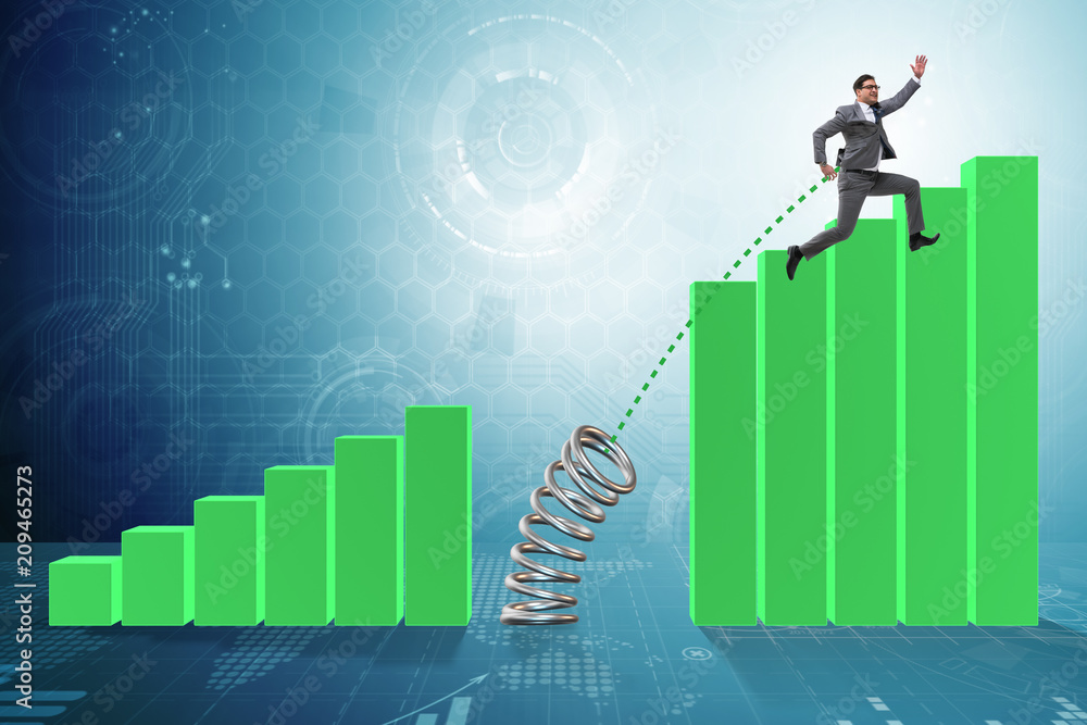 Business people jumping over bar charts Business people jumping over bar charts
