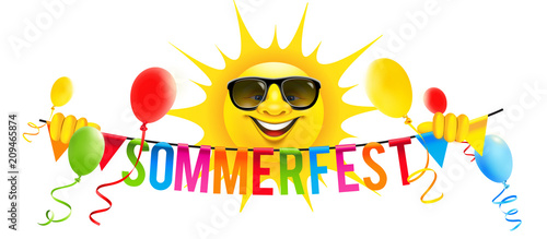 Cartoon Sonne mit Sonnenbrille, Luftballons und bunte Buchstaben Girlande - Sommerfest