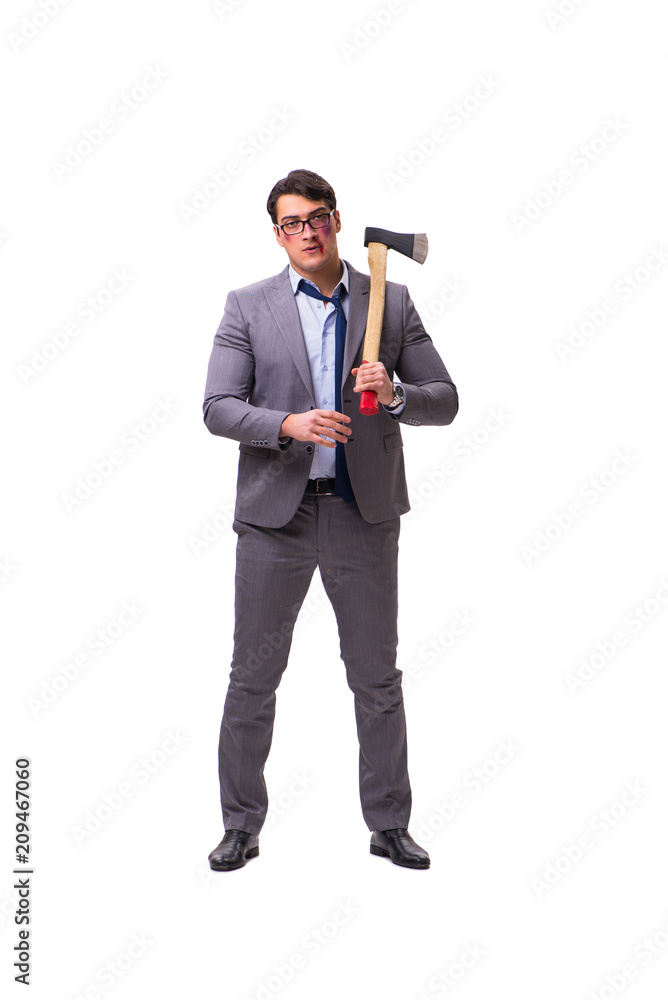 Angry businessman with axe isolated on white Angry businessman with axe isolated on white