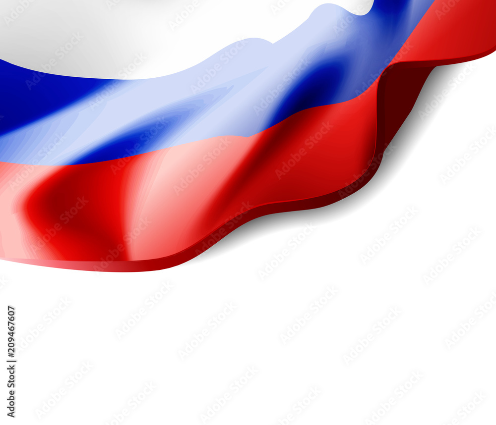Naklejka premium Waving flag of Russia close-up with shadow on white background. Vector illustration with copy space