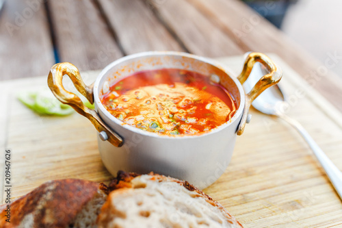 Canvas Print Traditional Hungarian goulash soup with a beautiful serving in the national restaurant