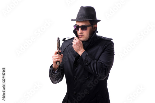 Man spy with handgun isolated on white background