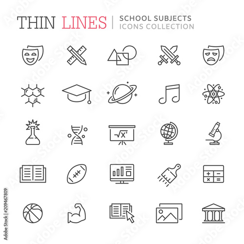 Collection of school subjects thin line icons