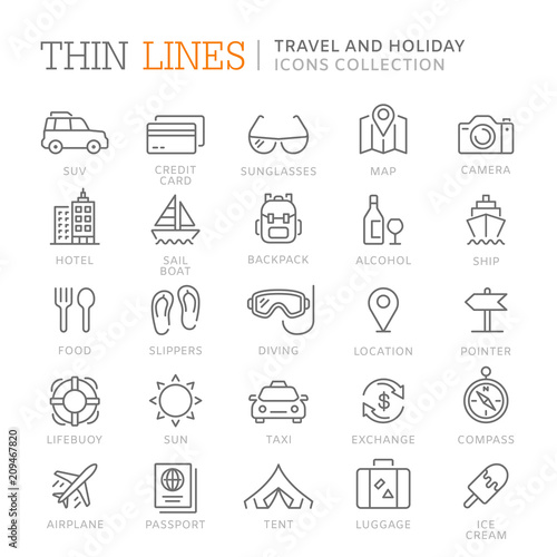 Collection of travel and holiday thin line icons