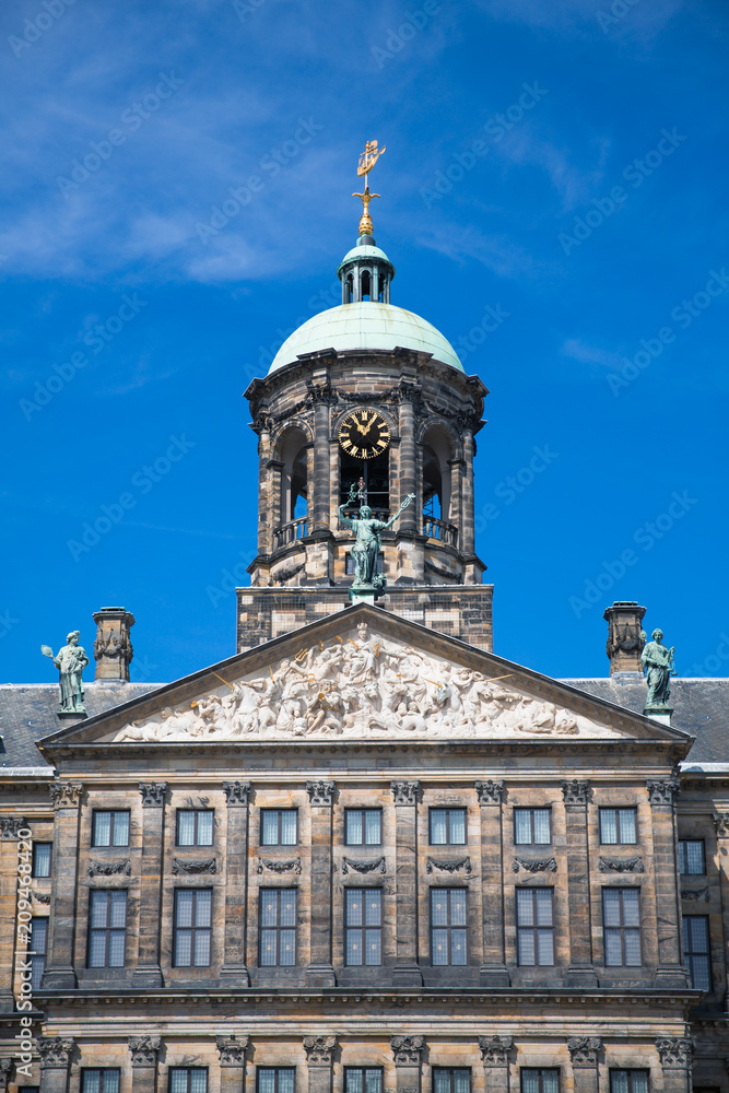 The facade and dome of the 17th century Royal Palace of Amsterdam, otherwise known as the Dam Palace, in Amsterdam, Netherlands.