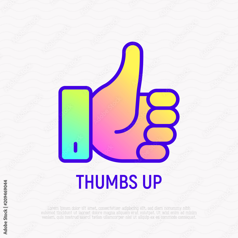 Thumbs up thin line icon with gradient. Modern vector illustration of approval sign, yes, ok. Modern vector illustration. Thumbs up thin line icon with gradient. Modern vector illustration of approval sign, yes, ok. Modern vector illustration.