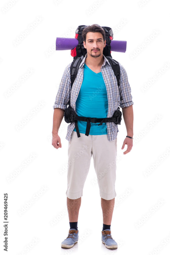 Backpacker with large backpack isolated on white Backpacker with large backpack isolated on white