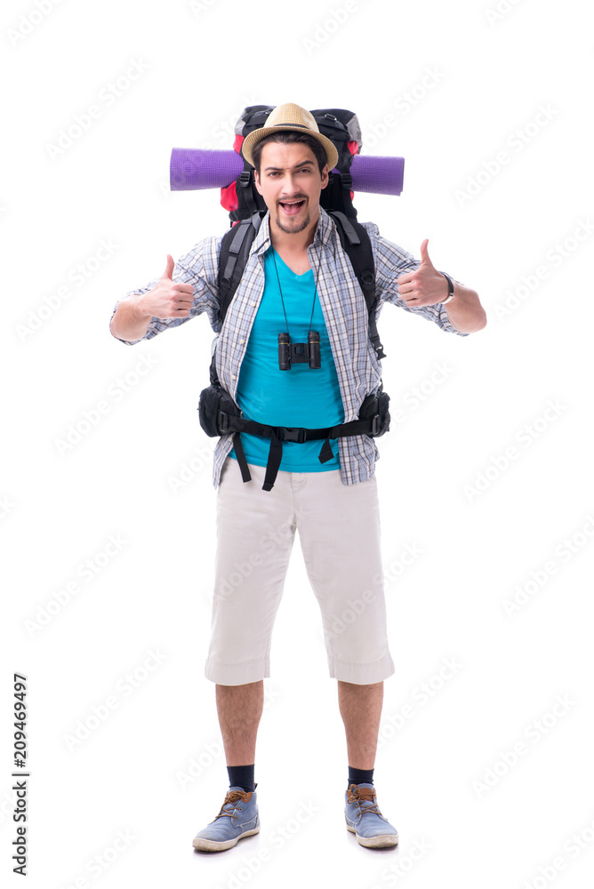 Backpacker with large backpack isolated on white Backpacker with large backpack isolated on white