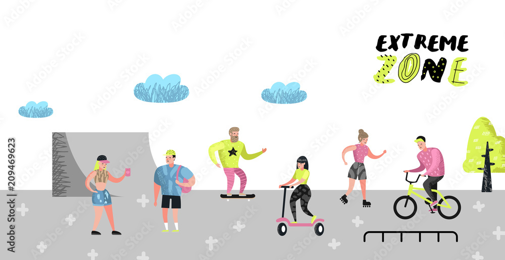 Fototapeta premium Extreme Sports Poster, Banner, Brochure. Teenager Skateboarding, Man on Bicycle, Girl Rolling. Active Characters People Playing Outdoor. Vector illustration