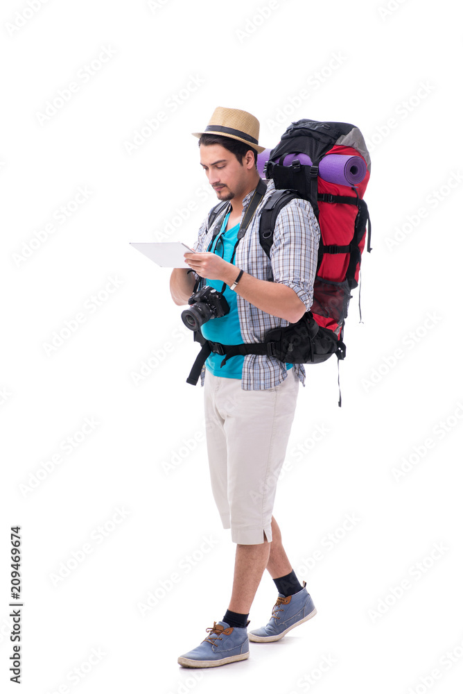 Man lost and looking for direction with map on white Man lost and looking for direction with map on white
