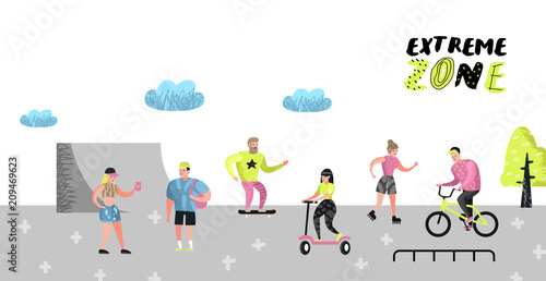 Extreme Sports Poster, Banner, Brochure. Teenager Skateboarding, Man on Bicycle, Girl Rolling. Active Characters People Playing Outdoor. Vector illustration