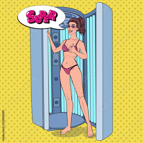 Pop Art Beautiful Woman in Solarium. Pretty Sexy Girl Preparing for Tanning. Skin Care Procedure. Vector illustration
