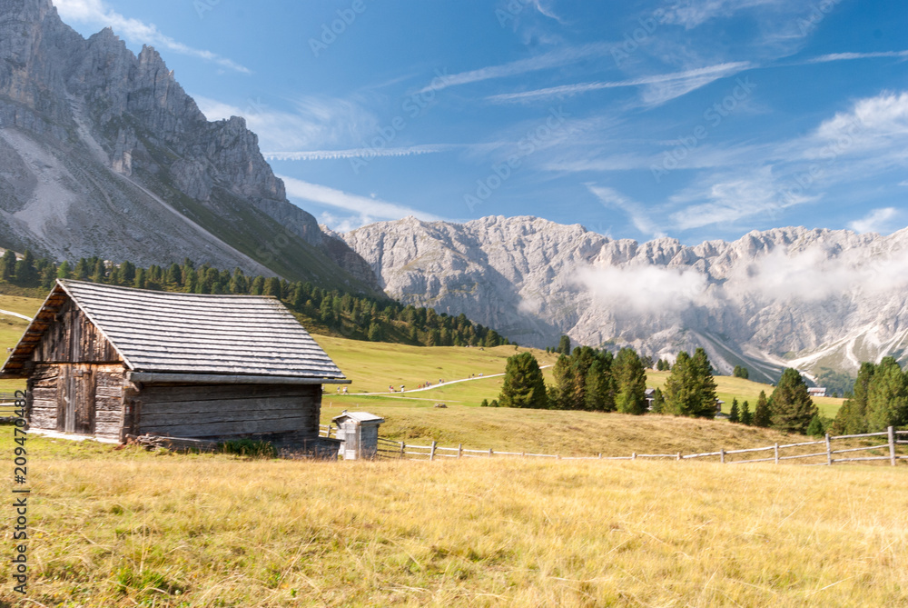 St. Magdalena, Italy - August 27, 2015: mountain hut to the base of the Dolomites