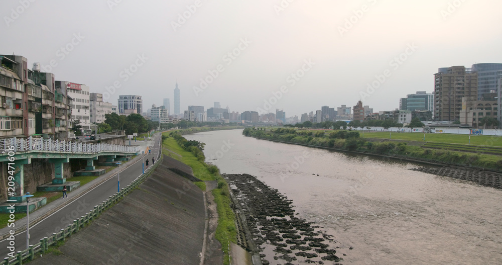 Taipei city river side under air pollution