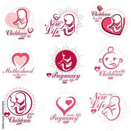 Vector embryo and newborn emblems set isolated on white. New life beginning drawings. Maternity ward abstract emblems