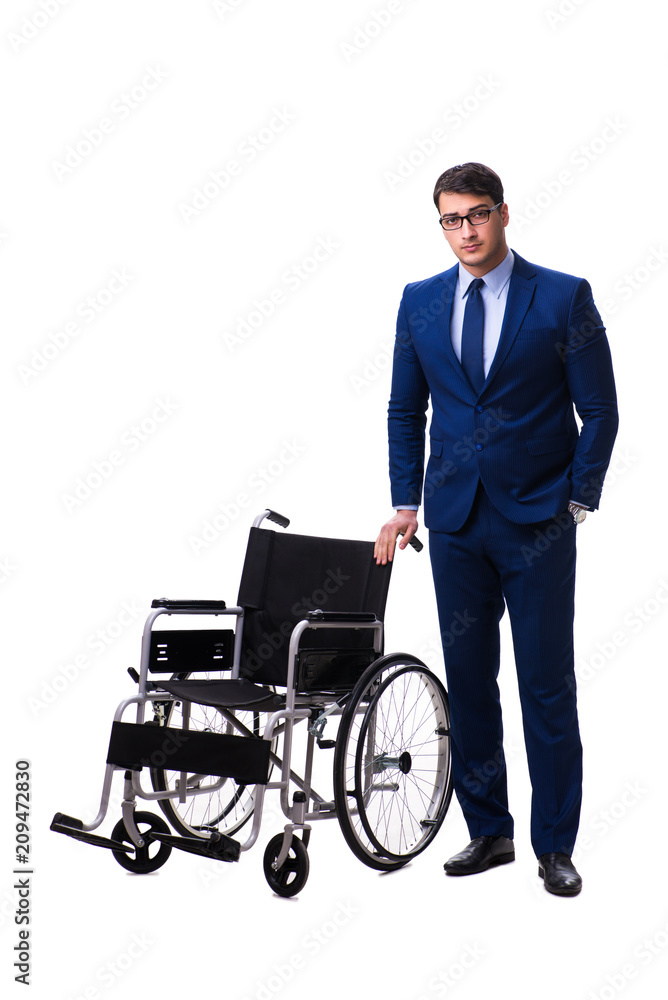 Businessman with wheelchair isolated on white background Businessman with wheelchair isolated on white background