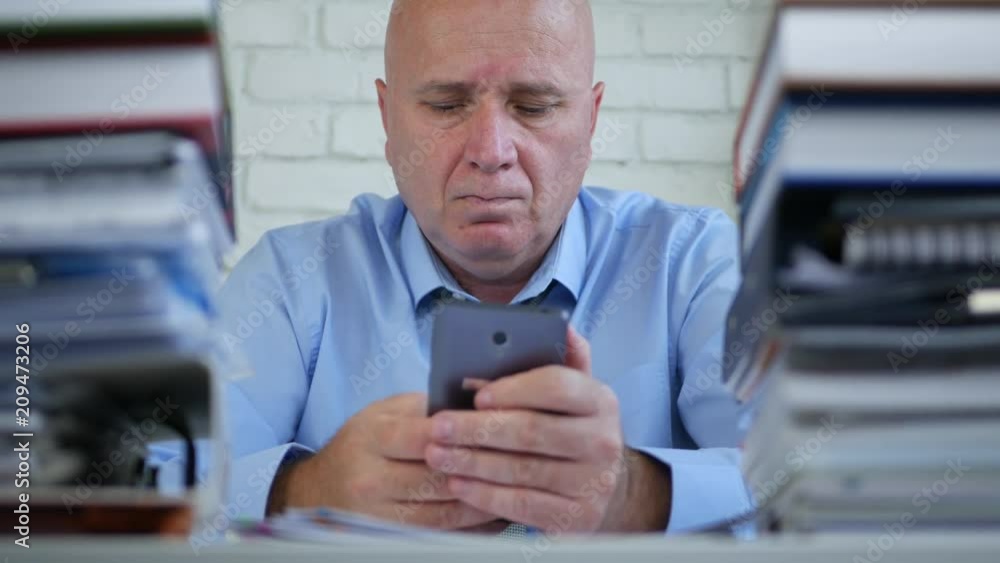 Businessman Job in Accounting Office Text Using Cell Phone Businessman Job in Accounting Office Text Using Cell Phone